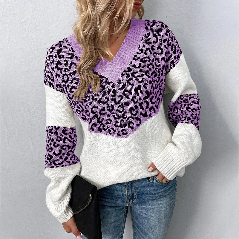Women's Leopard Print V-Neck Sweater, Color Block Sleeve Stripe Knit Pullover