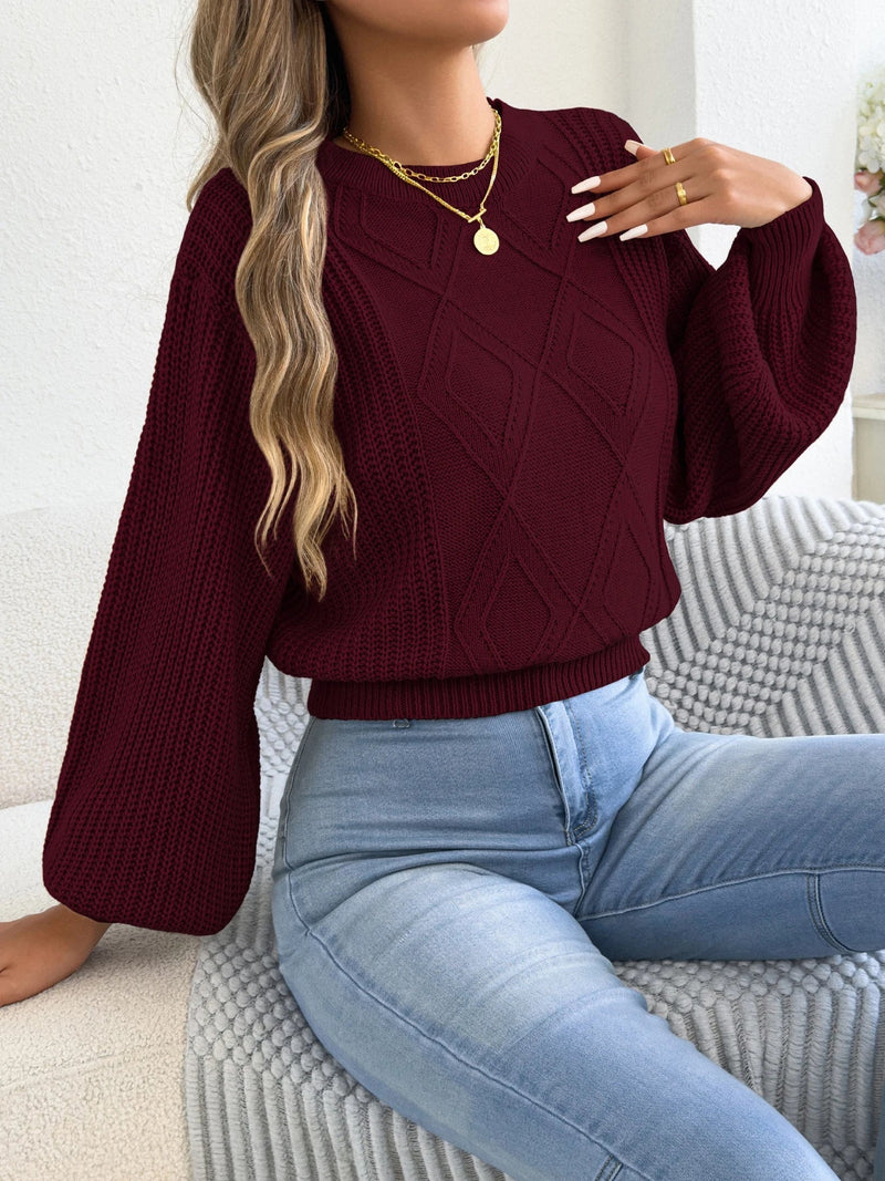 Women's Cropped Cable Knit Sweater, Balloon Sleeve Crewneck Pullover