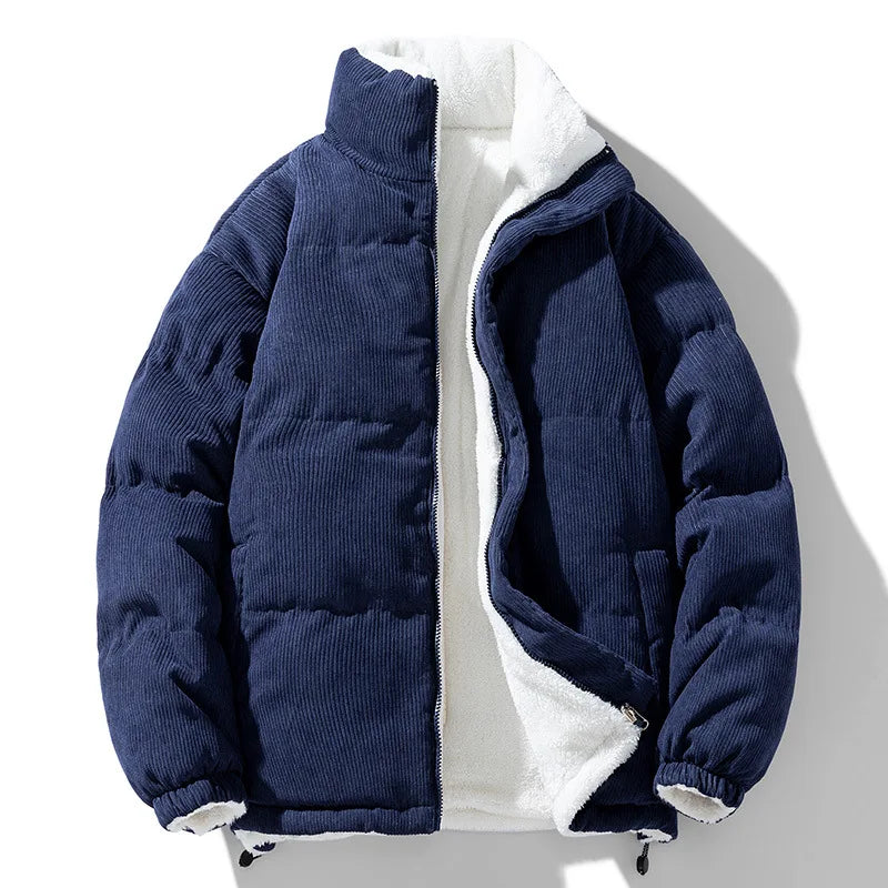 Men's Corduroy Puffer Jacket, Sherpa Lined Stand Collar Zip Up Winter Coat