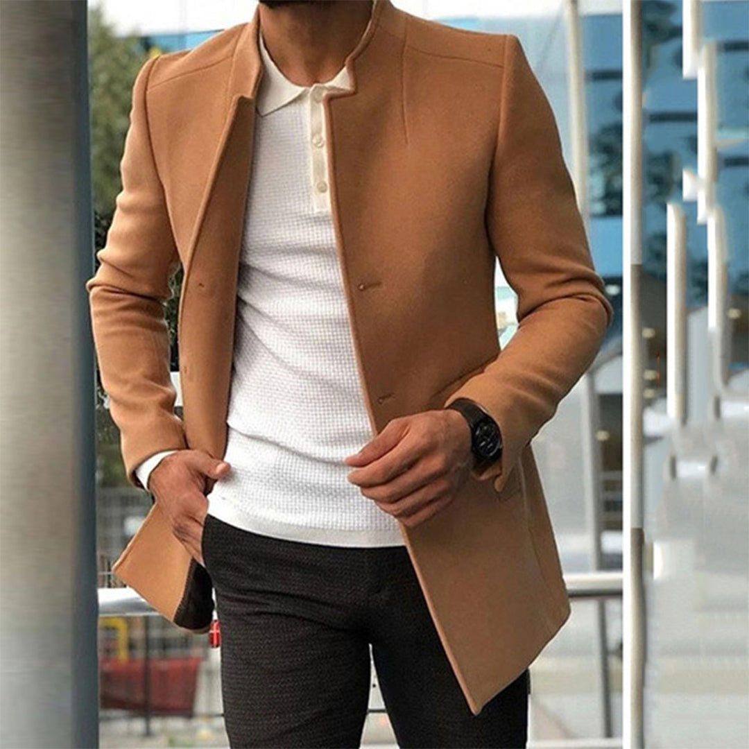 Men's Stand Collar Overcoat, Slim Fit Button Front Brushed Topcoat