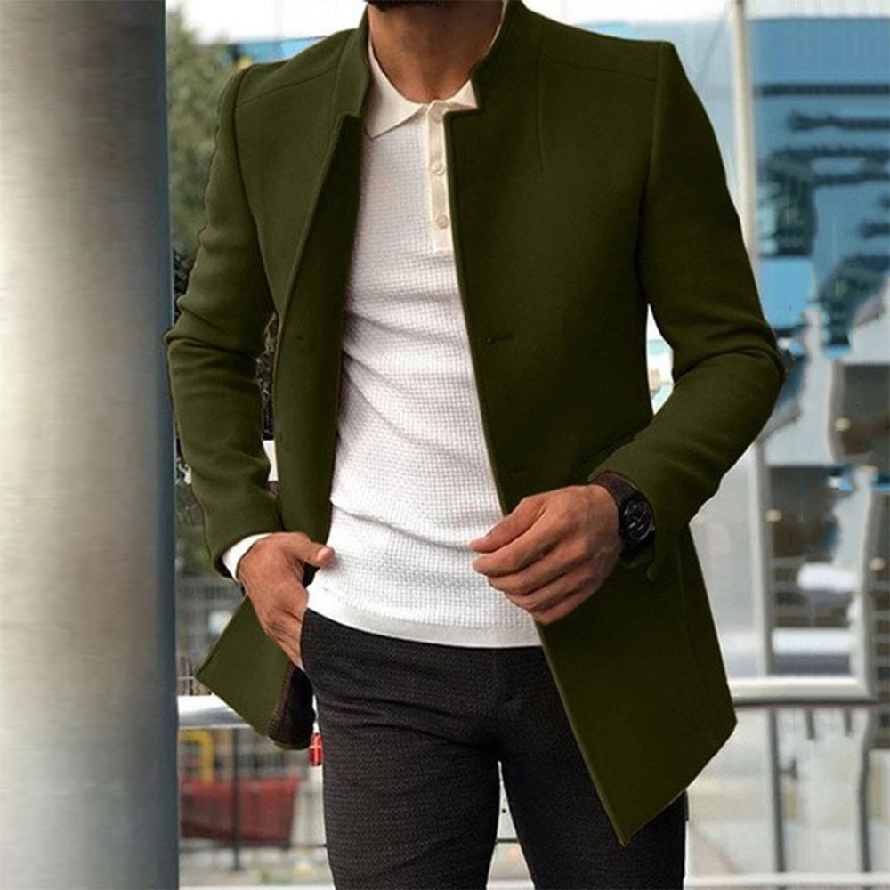 Men's Stand Collar Overcoat, Slim Fit Button Front Brushed Topcoat