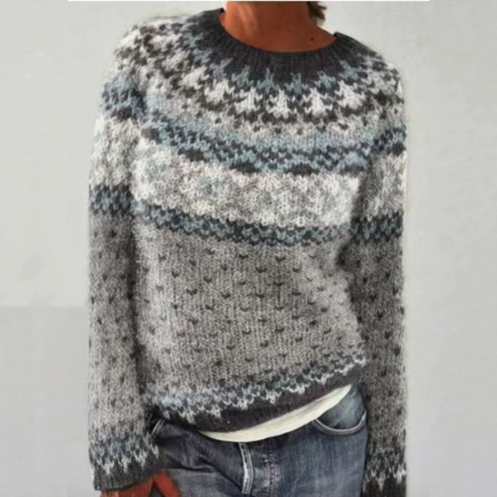 Women's Nordic Fair Isle Sweater, Fuzzy Knit Crewneck Snowflake Pullover