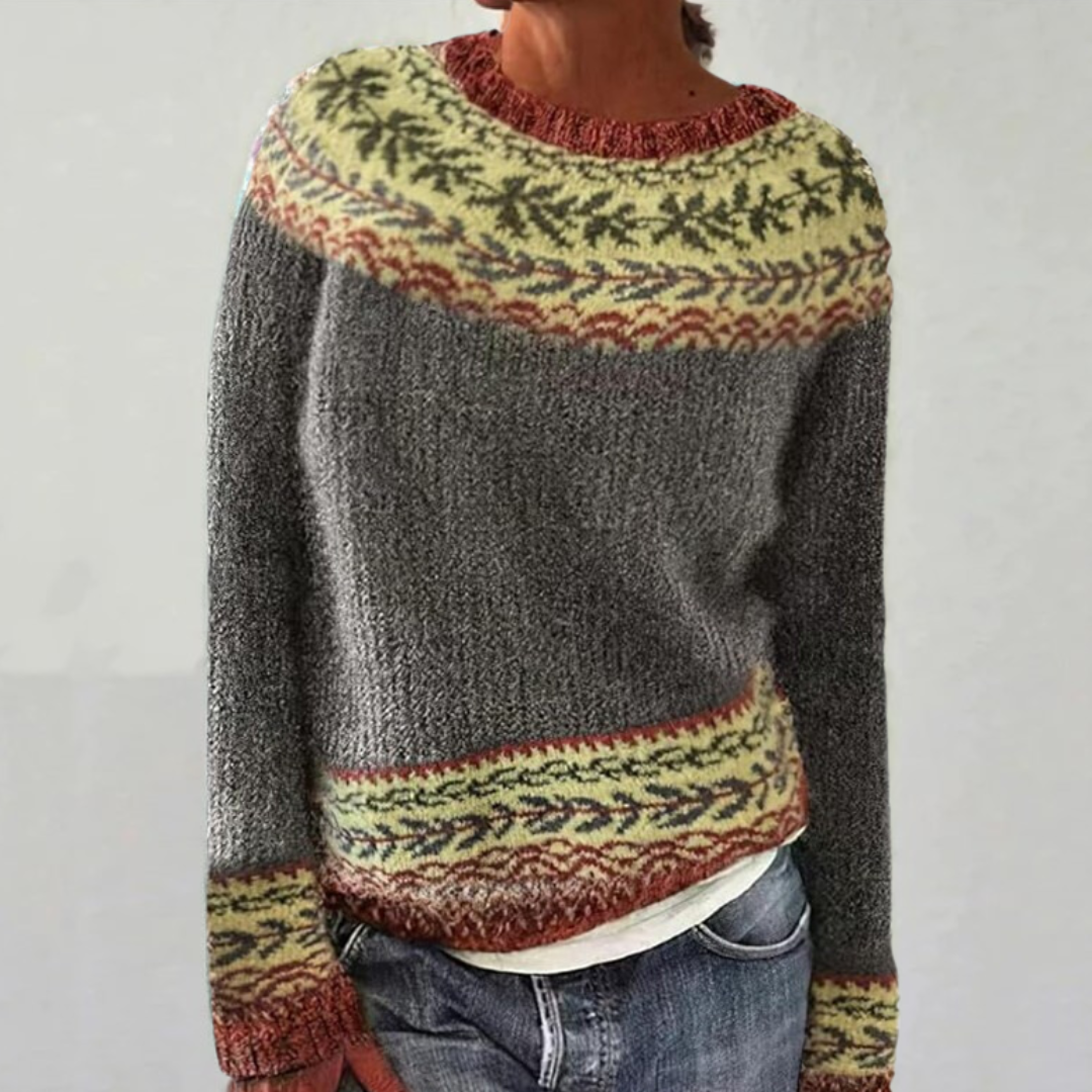 Women's Leaf Border Fair Isle Sweater, Retro Knit Crewneck Pullover