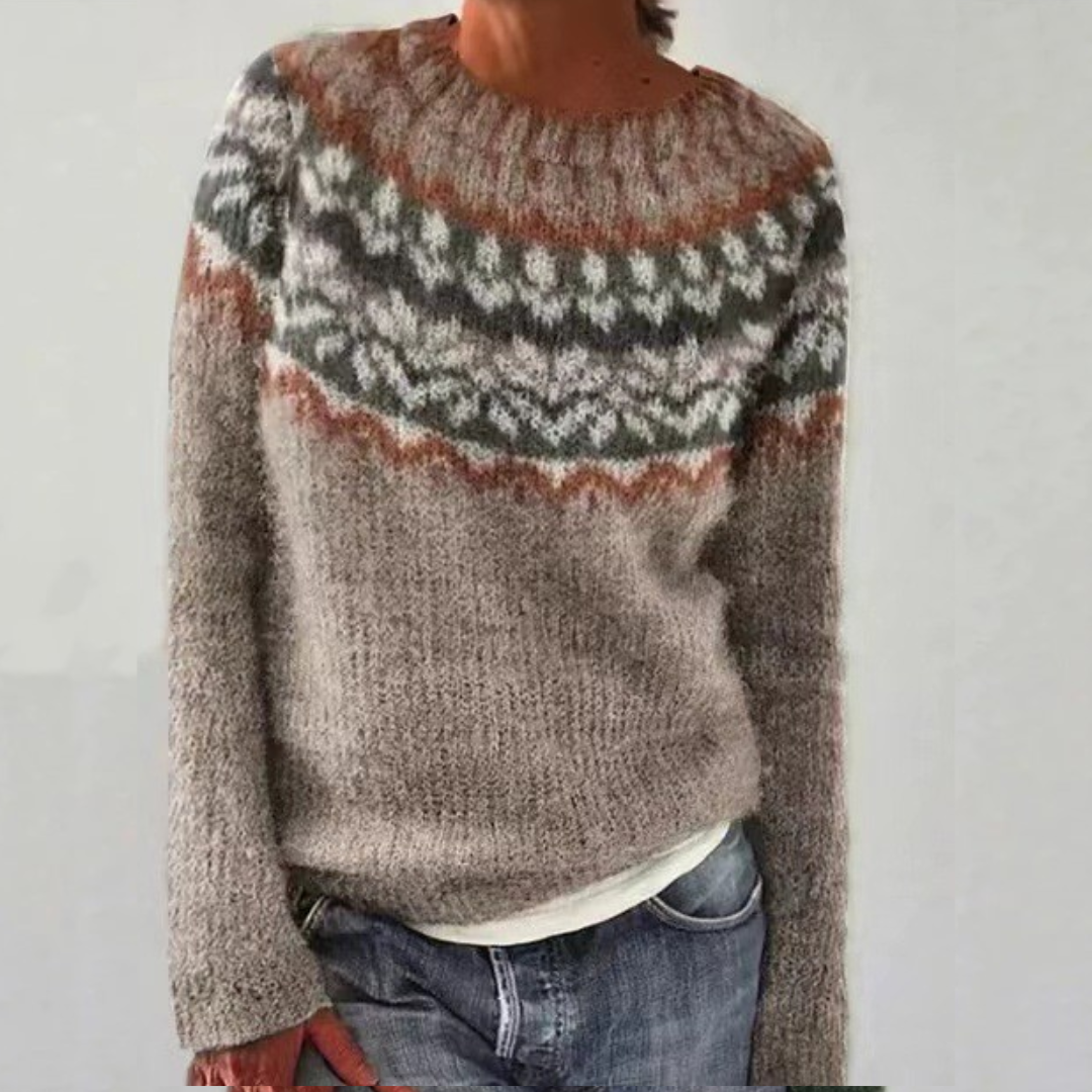 Women's Leaf Pattern Yoke Sweater, Fuzzy Fair Isle Crewneck Pullover