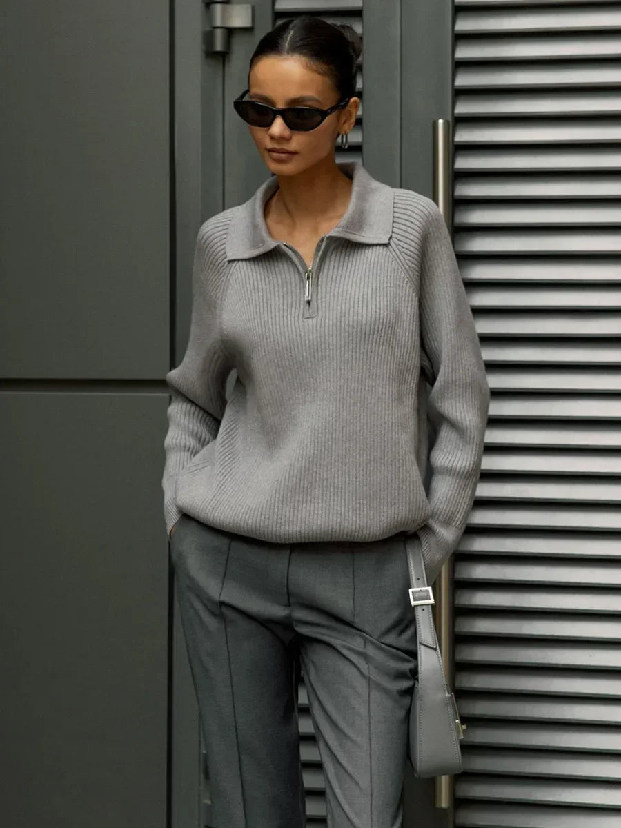 Women's Ribbed Knit Quarter Zip Sweater, Wide Collar Relaxed Pullover