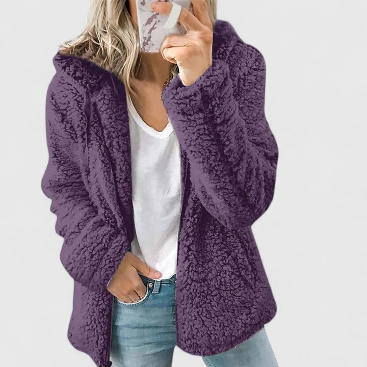 Women's Hooded Teddy Fleece Jacket, Fuzzy Relaxed Fit Winter Coat