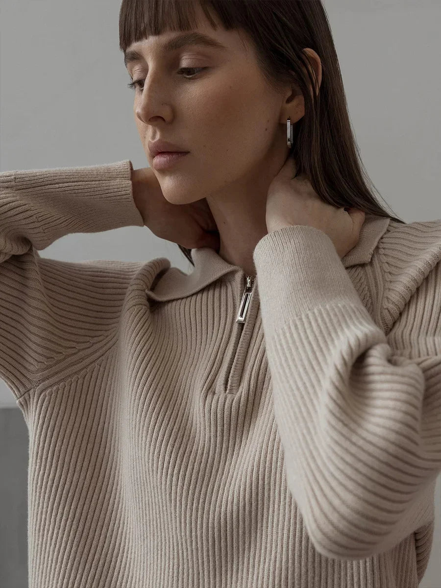 Women's Ribbed Knit Quarter Zip Sweater, Wide Collar Relaxed Pullover