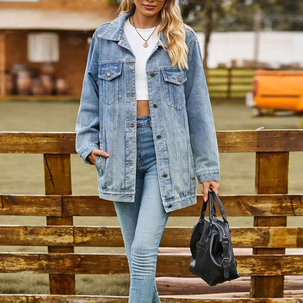 Women's Oversized Denim Jacket, Longline Button Front Trucker Jacket