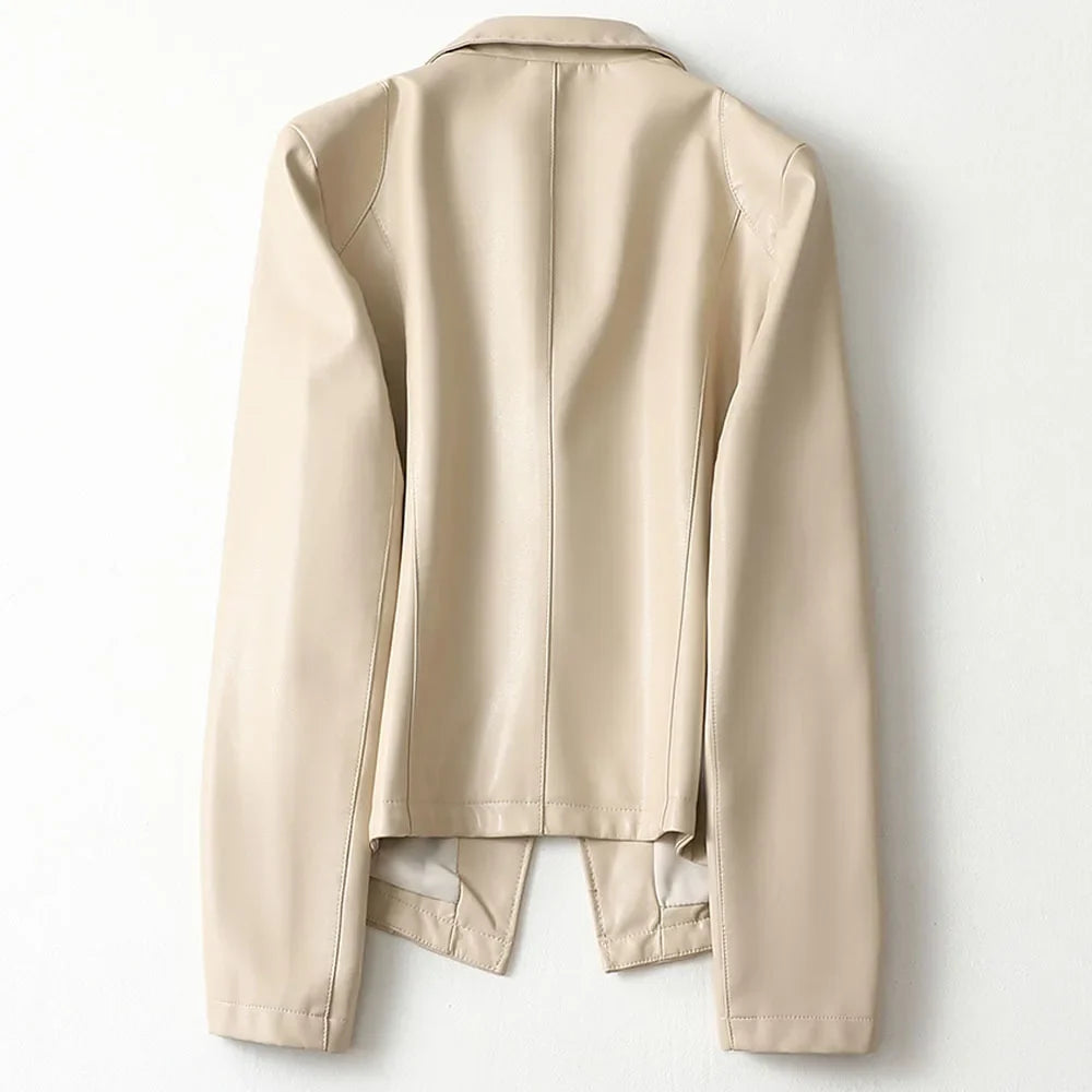 Women's Faux Leather Blazer, One Button Notch Lapel Fitted Office Jacket