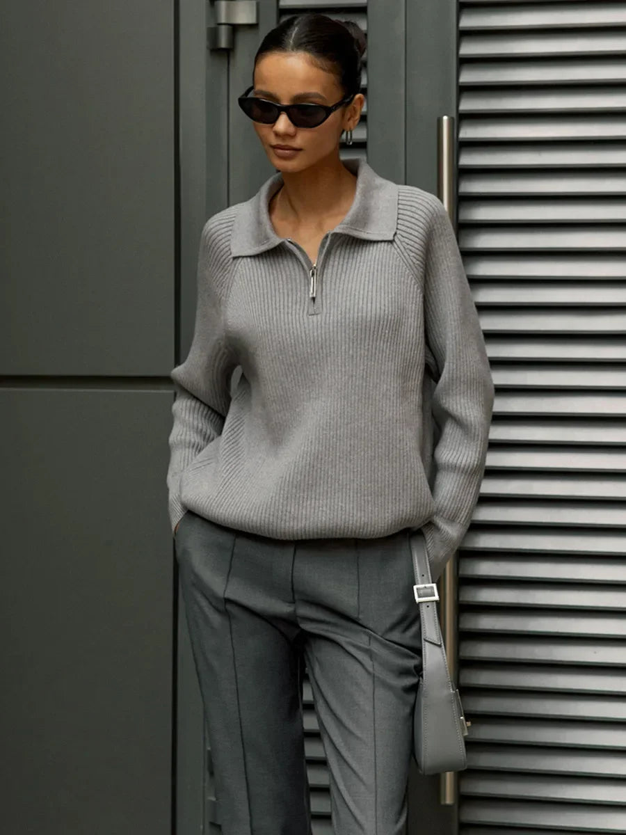 Women's Ribbed Knit Quarter Zip Sweater, Wide Collar Relaxed Pullover