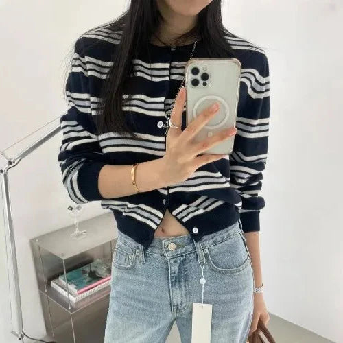 Women's Striped Open-Front Cardigan, Oversized Winter Cardigan