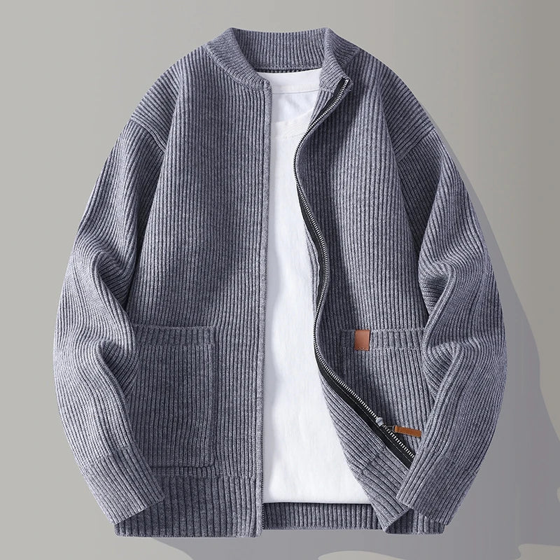 Men's Ribbed Knit Zip Up Jacket, Stand Collar Sweater Jacket