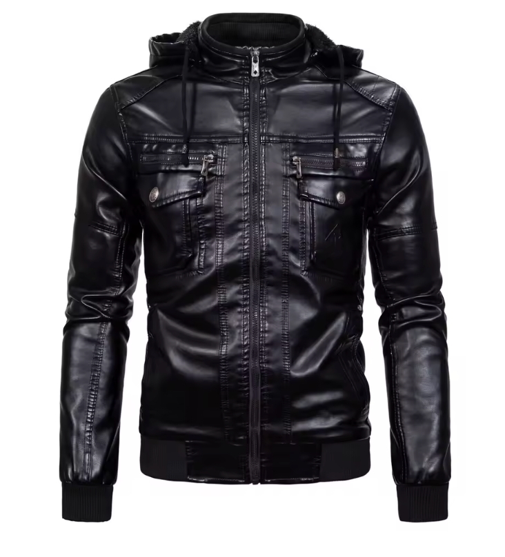 Men's Faux-Leather Moto Jacket, Zip-Up Winter Jacket