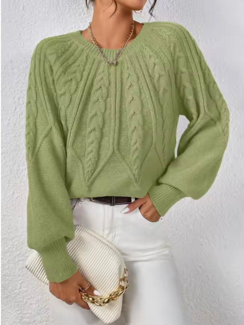 Women's Chevron Cable Knit Sweater, Lantern Sleeve Crewneck Pullover