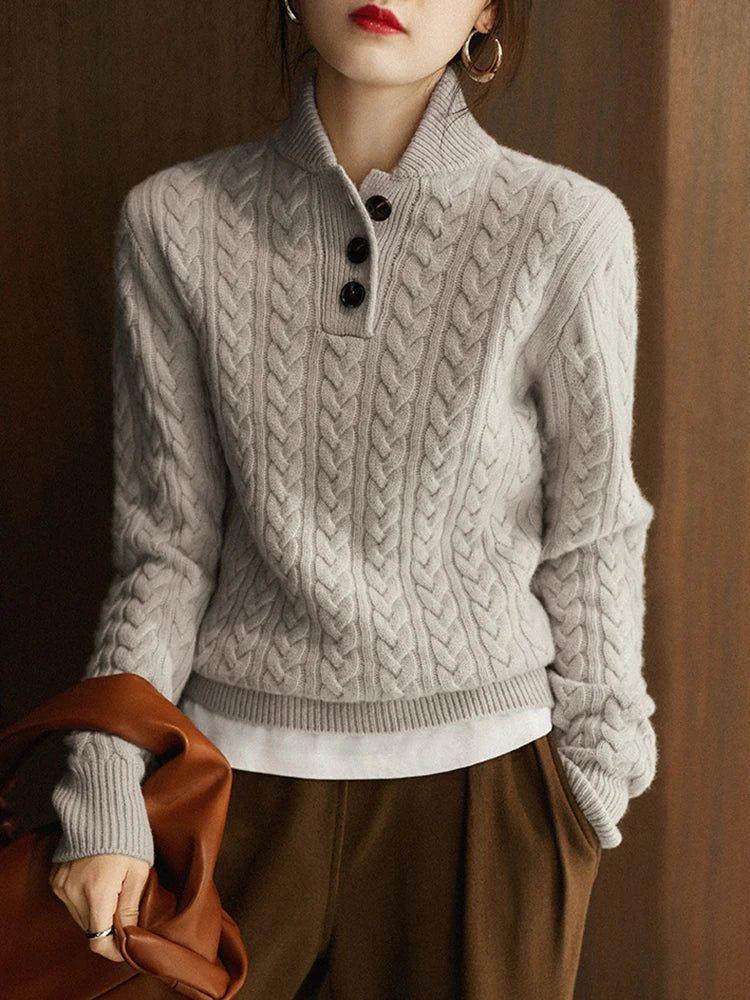 Women's Cable Knit Button Neck Sweater, Stand Collar Henley Pullover