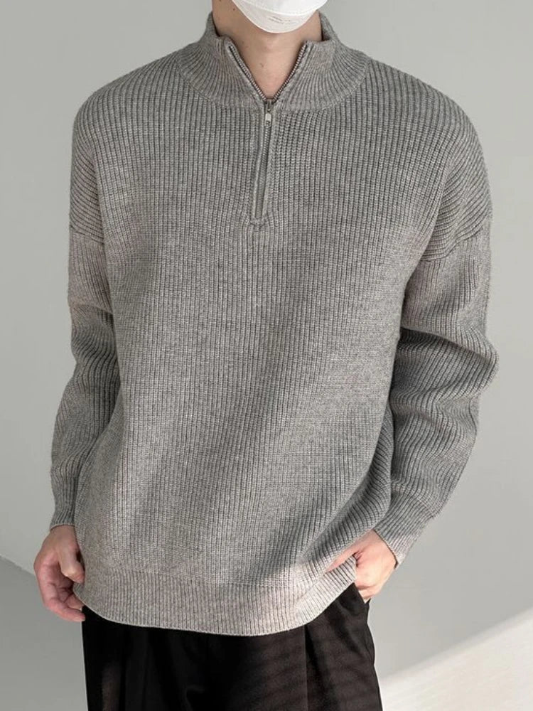 Men's Zip-Up Knit Sweater, Oversized Winter Pullover