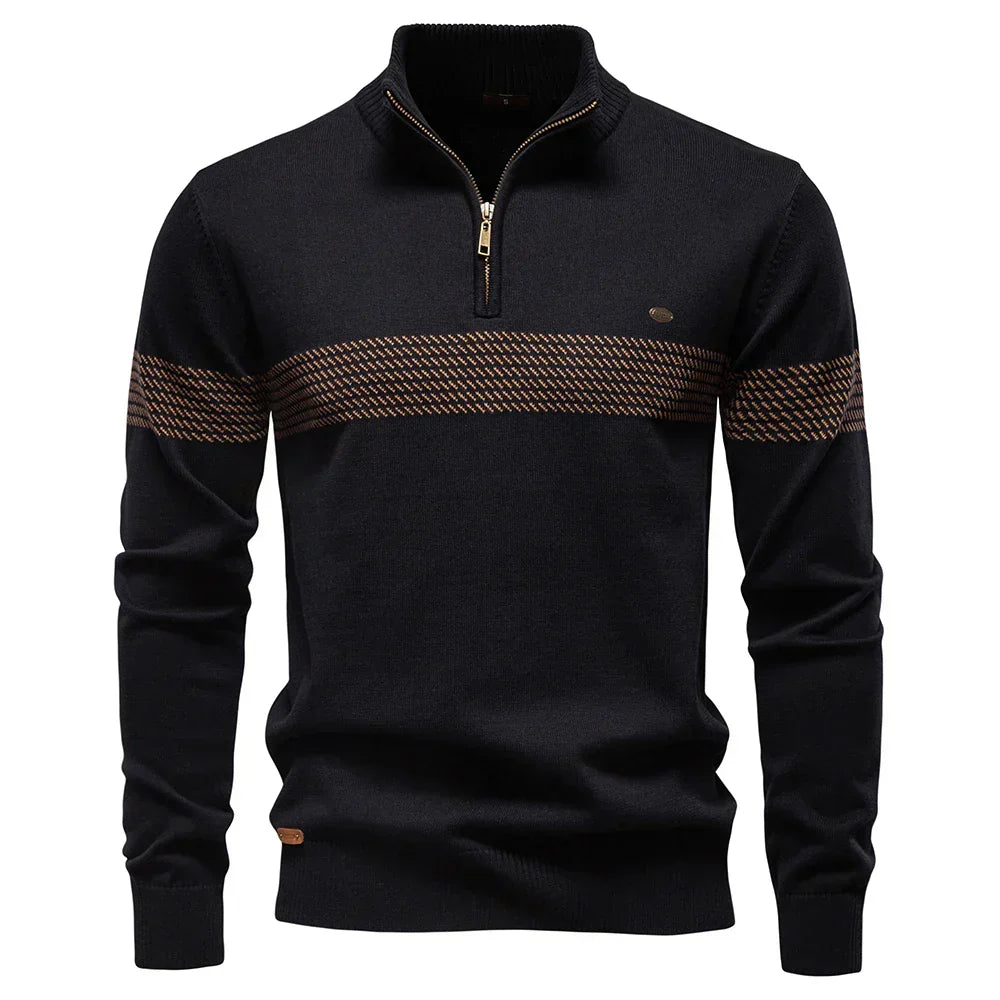 Men's Fine Knit Quarter Zip Sweater, Textured Chest Band Mock Neck Pullover
