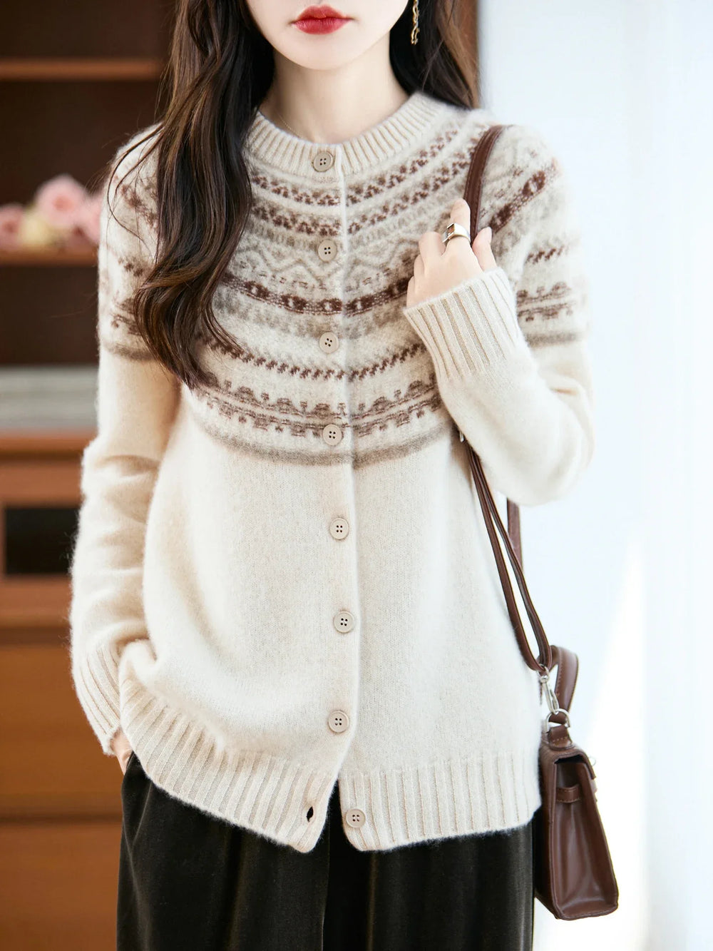 Women's Fair-Isle Knit Cardigan, Oversized Winter Cardigan