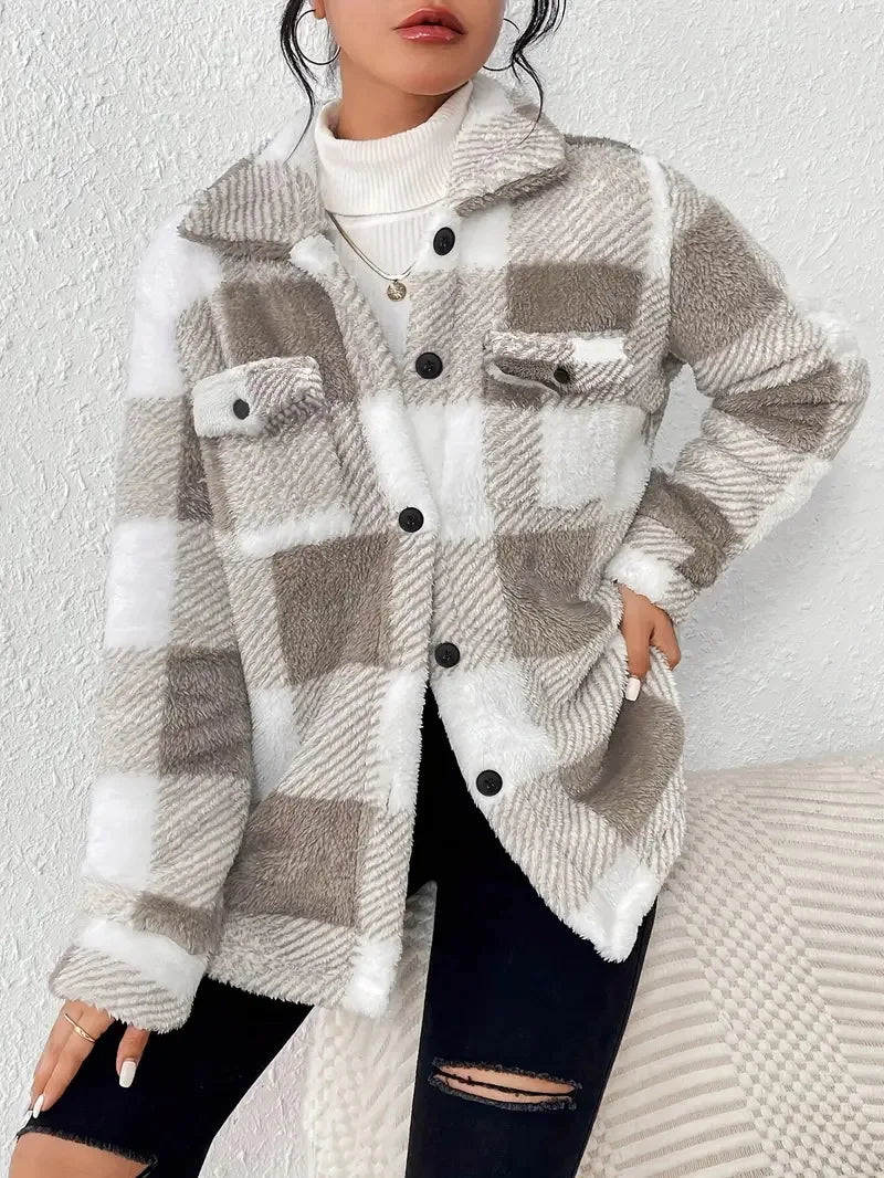 Women's Plaid Fleece Shirt Jacket, Button Front Flap Pocket Oversized Overshirt