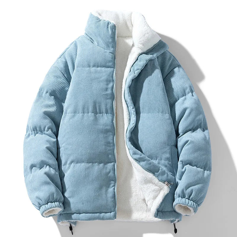 Men's Corduroy Puffer Jacket, Sherpa Lined Stand Collar Zip Up Winter Coat