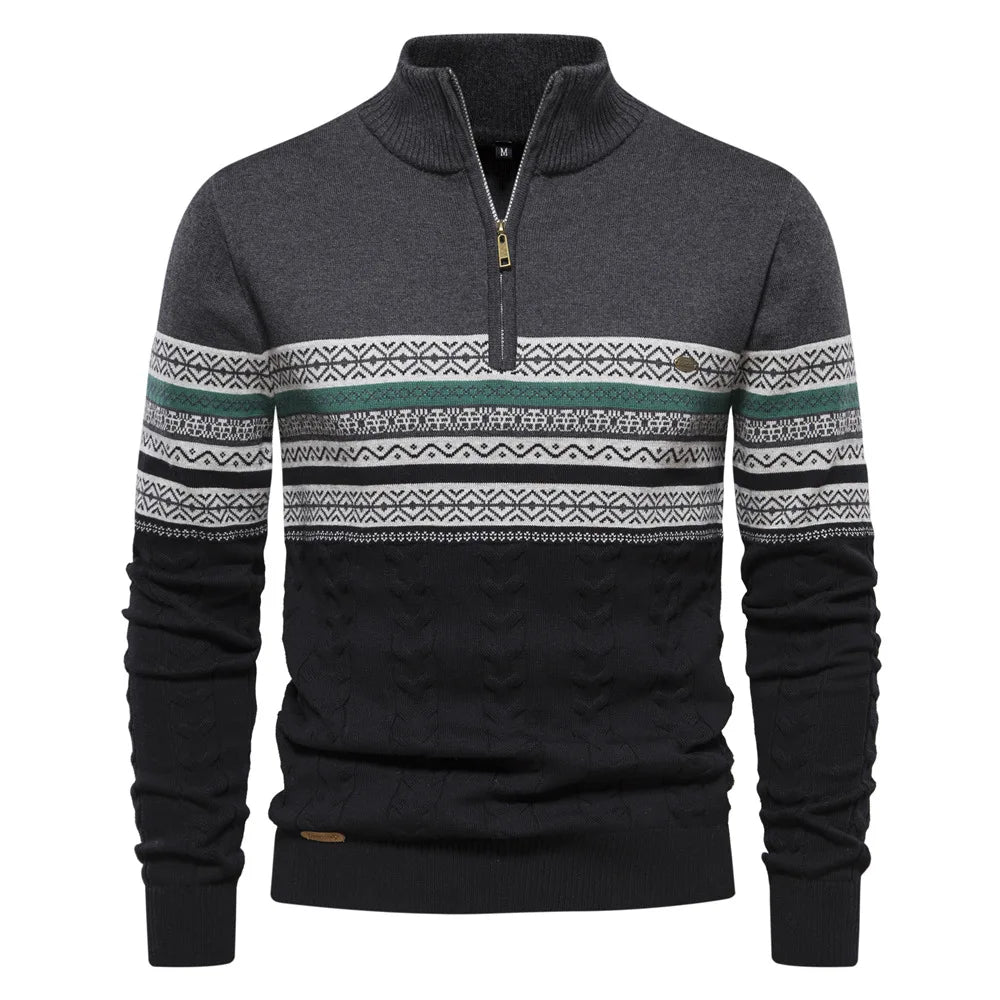 Men's Half-Zip Denim Quarter-Zip Sweater, Fair-Isle Winter Ribbed Pullover