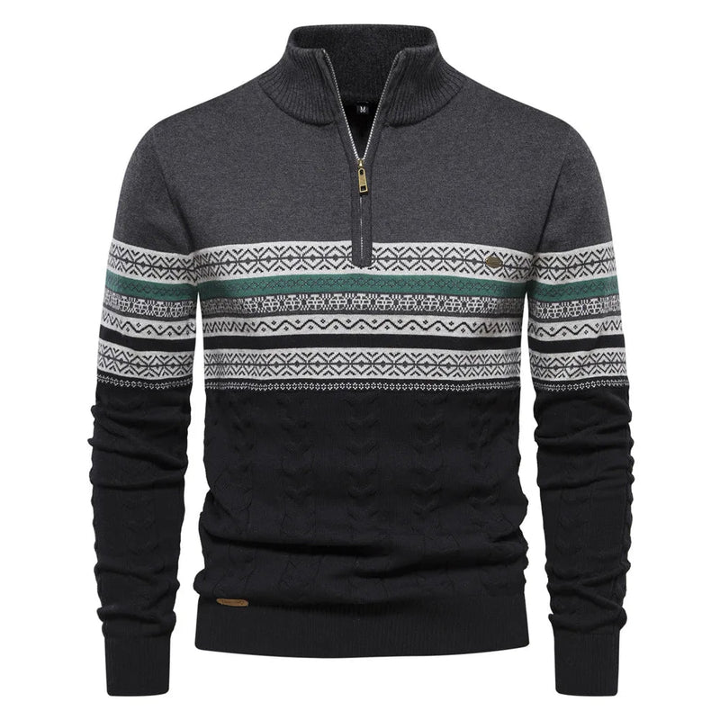 Men's Half-Zip Denim Quarter-Zip Sweater, Fair-Isle Winter Ribbed Pullover