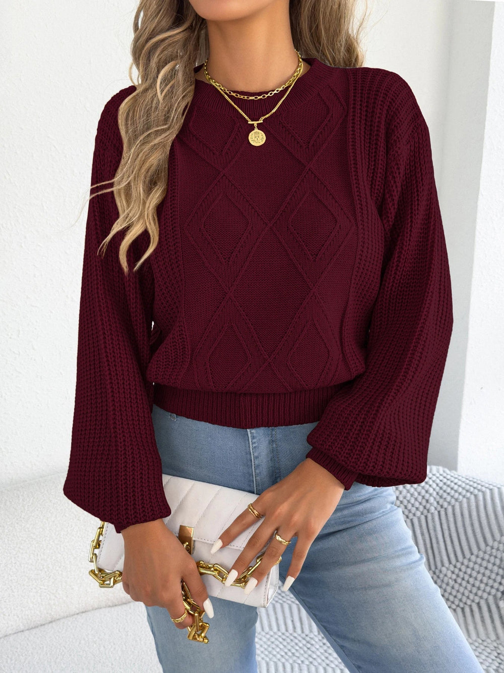 Women's Cropped Cable Knit Sweater, Balloon Sleeve Crewneck Pullover