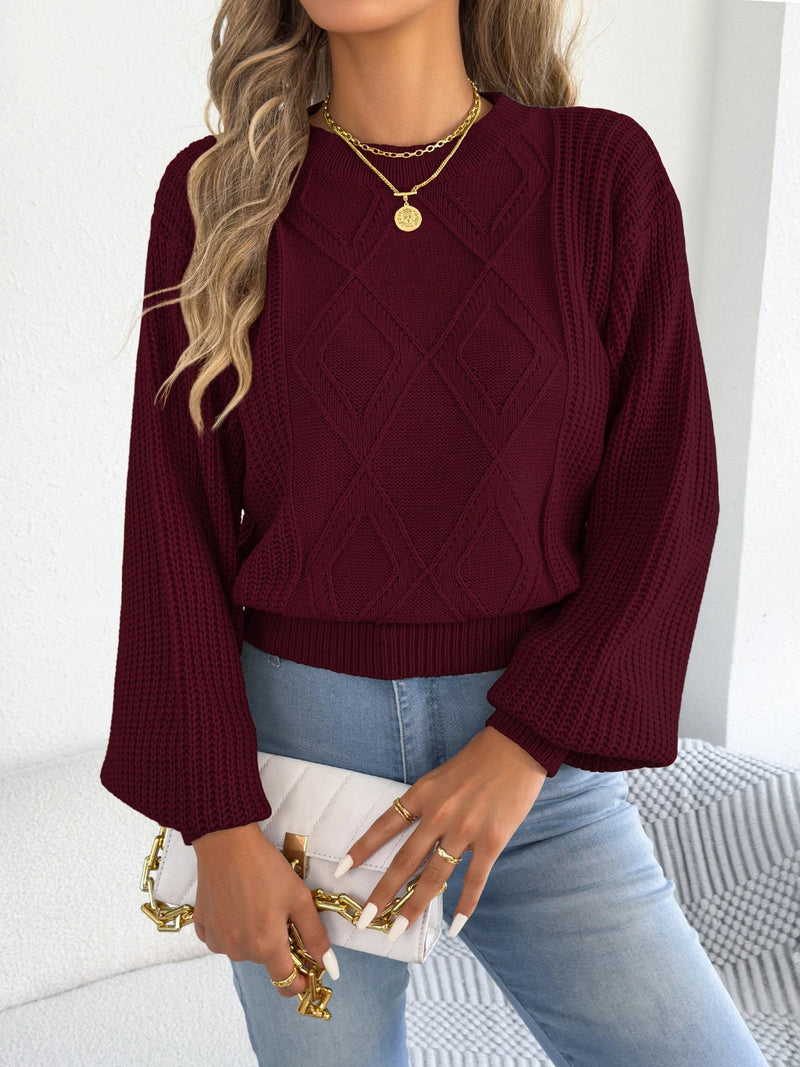 Women's Cropped Cable Knit Sweater, Balloon Sleeve Crewneck Pullover