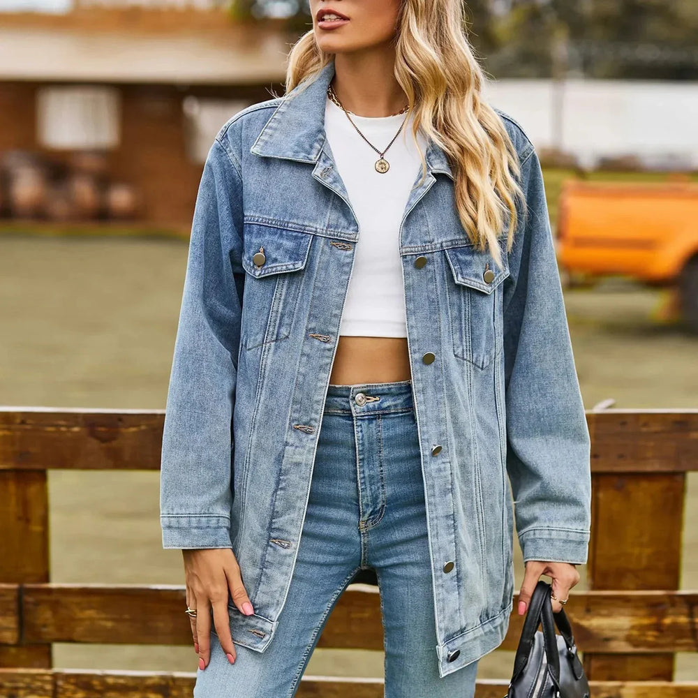 Women's Oversized Denim Jacket, Longline Button Front Trucker Jacket
