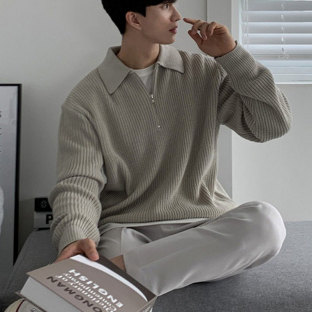 Men's Half-Zip Knit Quarter-Zip Sweater, Winter Ribbed Pullover