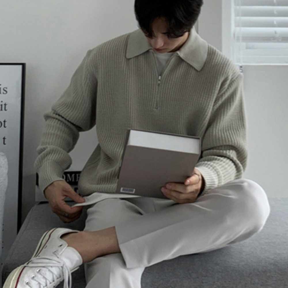 Men's Half-Zip Knit Quarter-Zip Sweater, Winter Ribbed Pullover