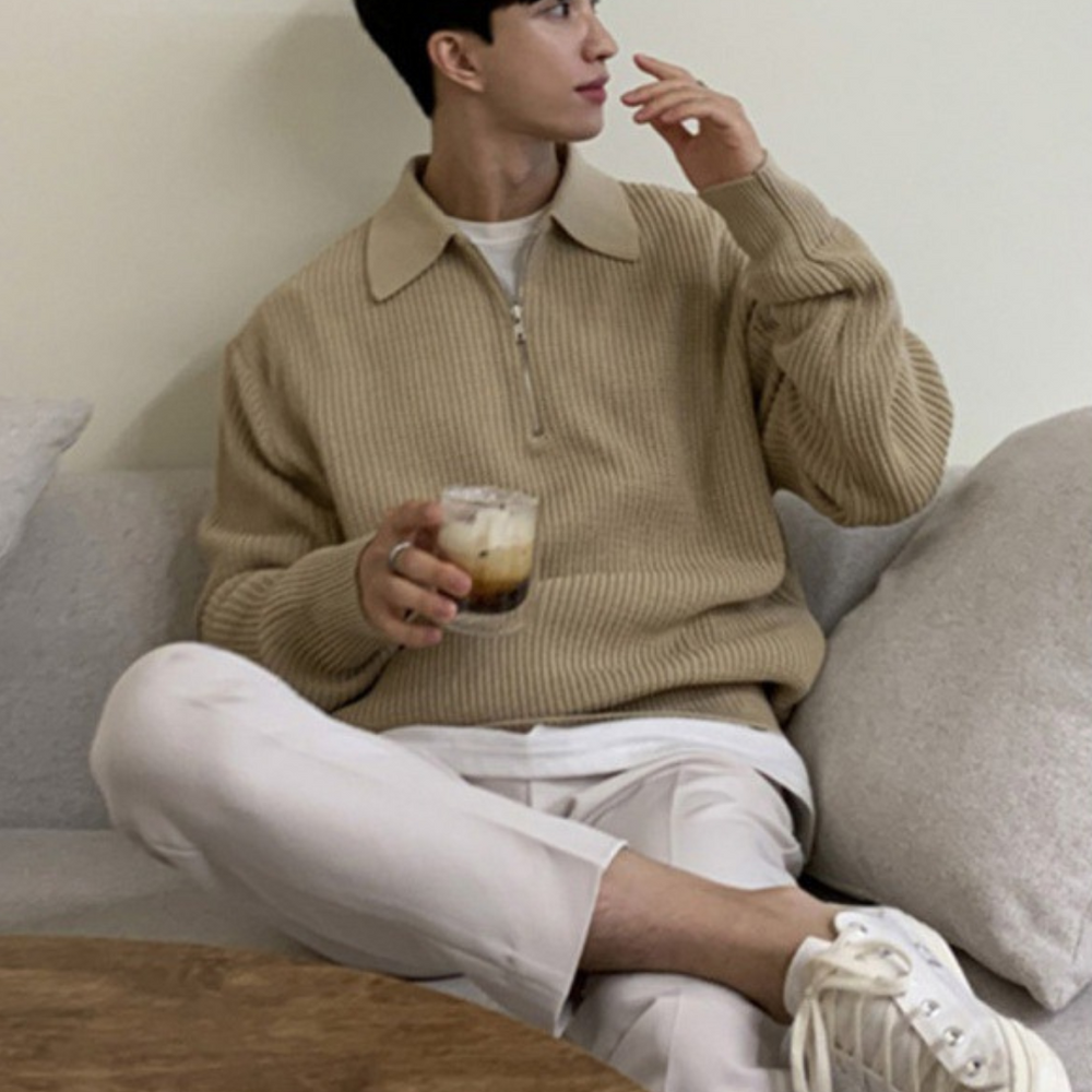 Men's Half-Zip Knit Quarter-Zip Sweater, Winter Ribbed Pullover