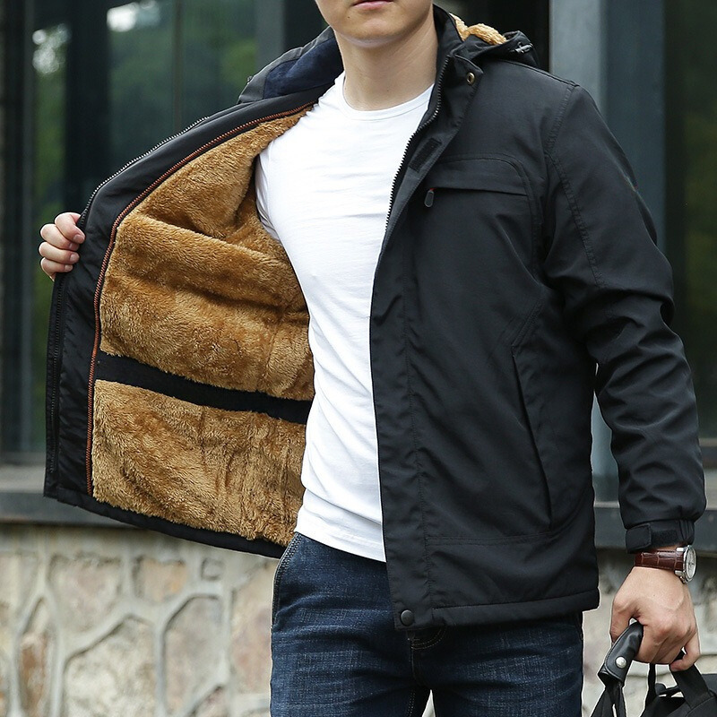 Men's Plush Lined Hooded Utility Jacket, Zip Up Adjustable Cuff Winter Jacket