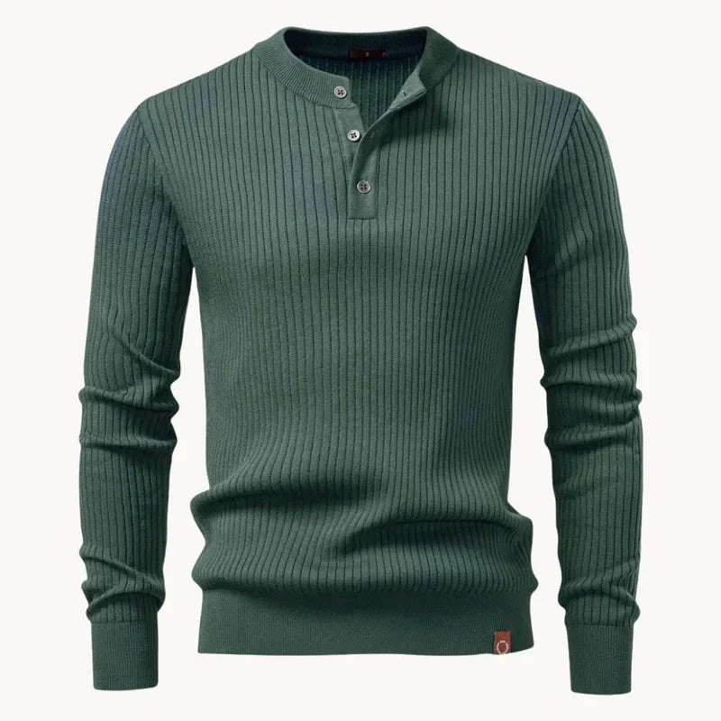 Men's Ribbed Knit Henley Sweater, Three Button Long Sleeve Pullover