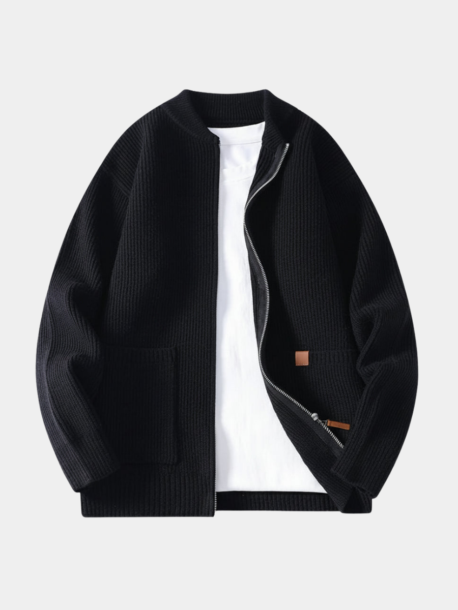 Men's Ribbed Knit Zip Up Jacket, Stand Collar Sweater Jacket
