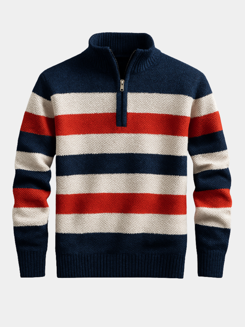 Men's Wide Stripe Quarter Zip Sweater, Textured Knit Stand Collar Pullover