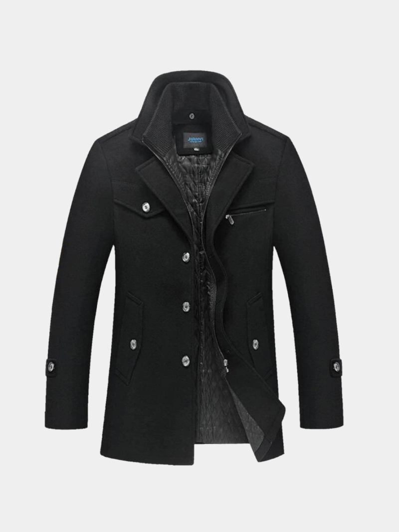 Men's Double Collar Car Coat, Quilted Lined Button Front Winter Coat