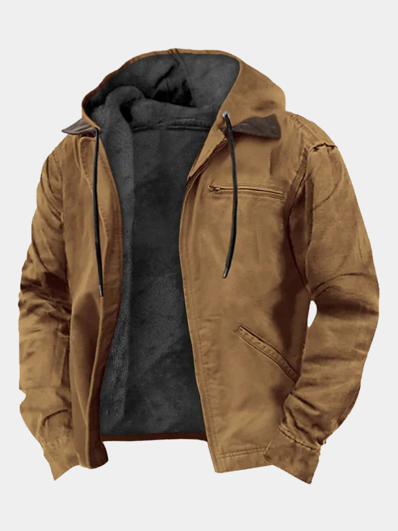 Men's Fleece Lined Hooded Work Jacket, Rugged Washed Utility Winter Jacket