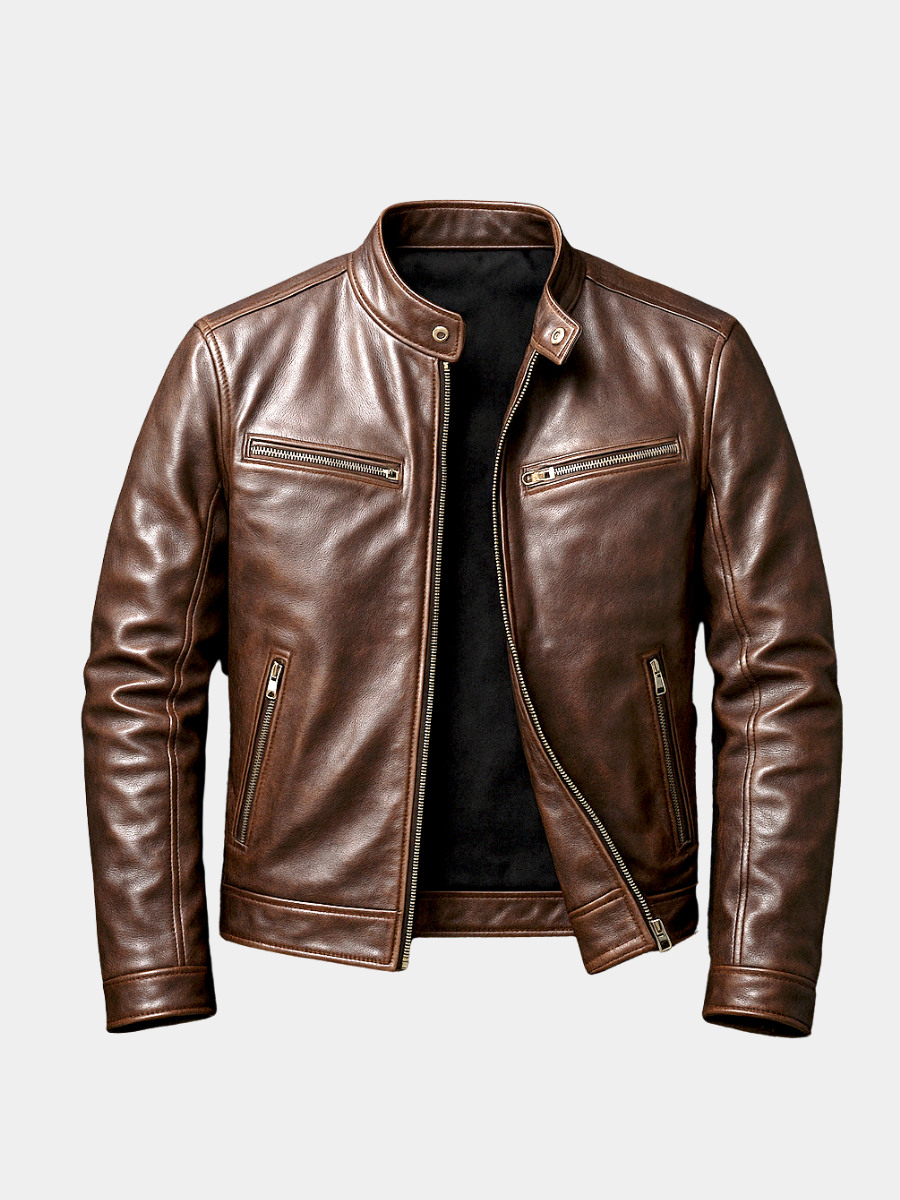 Men's Faux Leather Snap Collar Moto Jacket, Zip Up Racer Style Biker Jacket