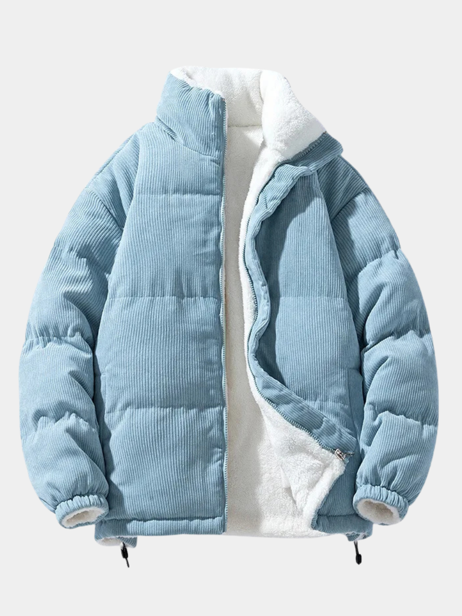 Men's Corduroy Puffer Jacket, Sherpa Lined Stand Collar Zip Up Winter Coat