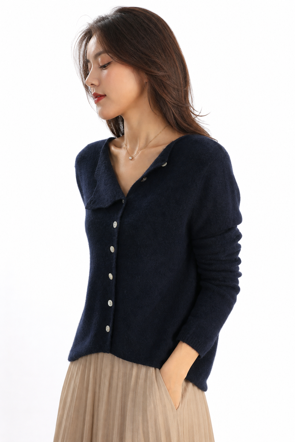 Women's Asymmetric Button Cardigan, Soft Knit Round Neck Everyday Sweater
