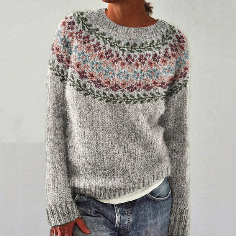 Women's Floral Yoke Fair Isle Sweater, Soft Knit Crewneck Pullover
