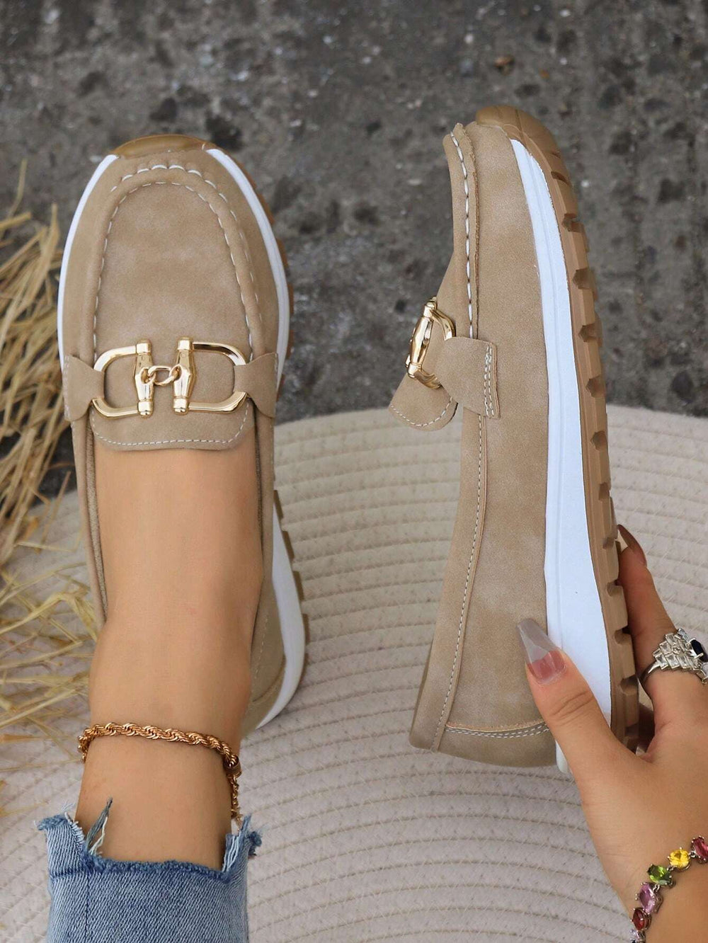 Women's Gold-Buckle Slip-On Loafers, Everyday Winter Loafers