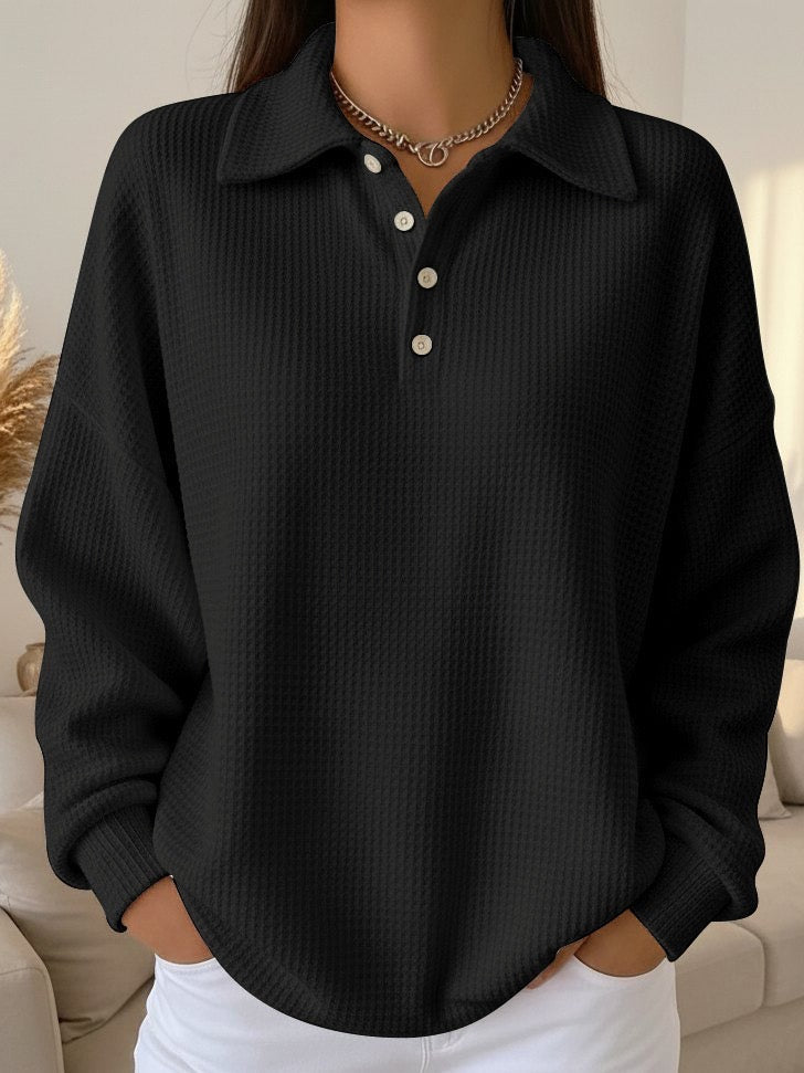 Women's Waffle Knit Polo Sweater, Four Button Collared Oversized Pullover