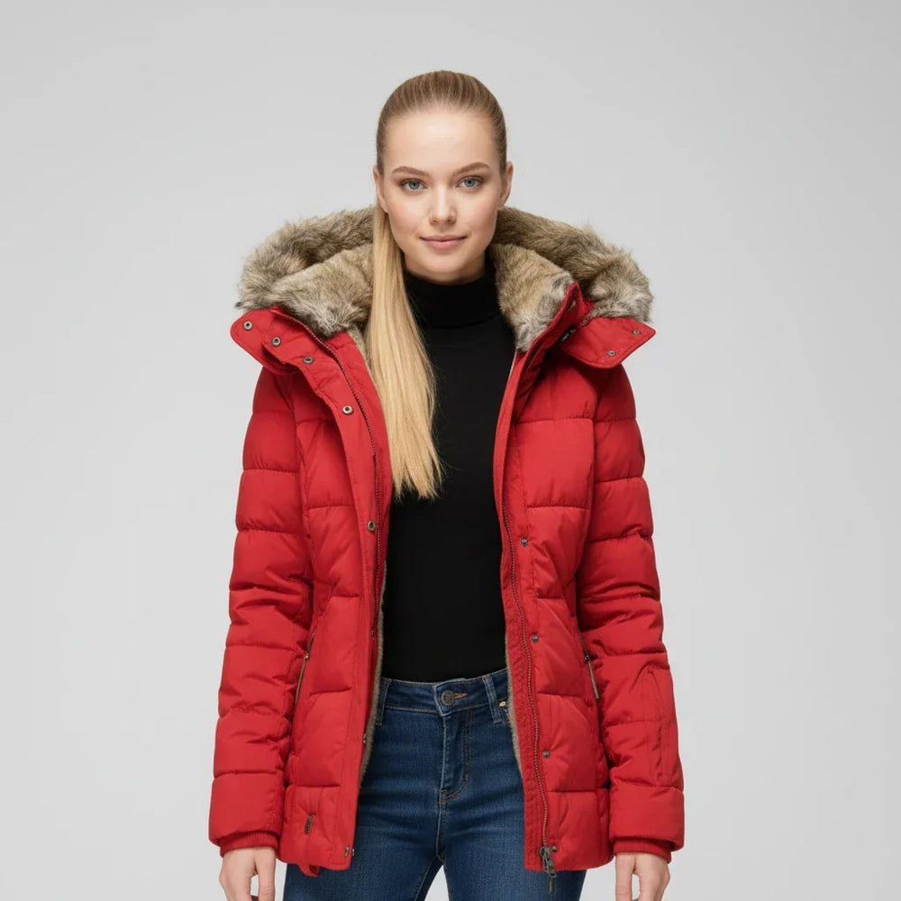 Women's Faux Fur Trim Hooded Puffer Jacket, Quilted Zip Up Snap Front Winter Coat