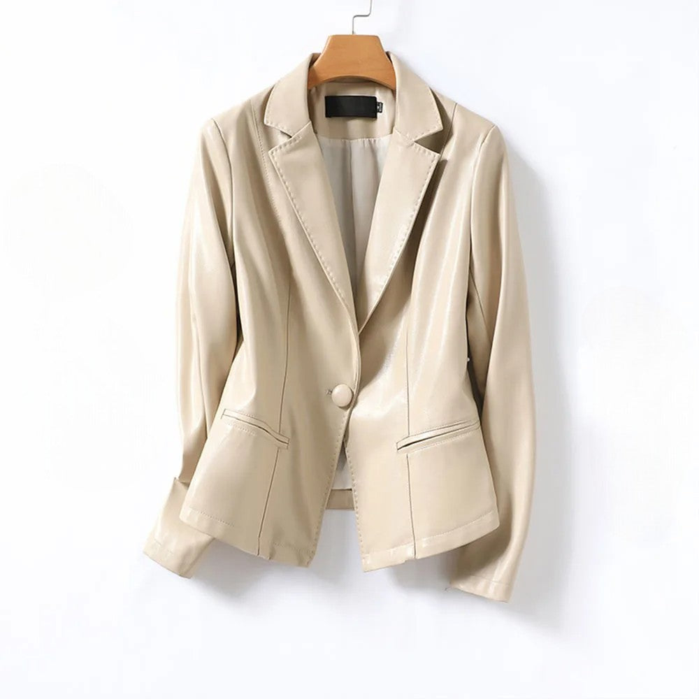 Women's Faux Leather Blazer, One Button Notch Lapel Fitted Office Jacket