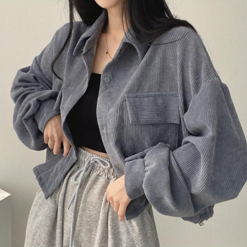 Women's Oversized Corduroy Shirt Jacket, Cropped Button Front Flap Pocket Jacket