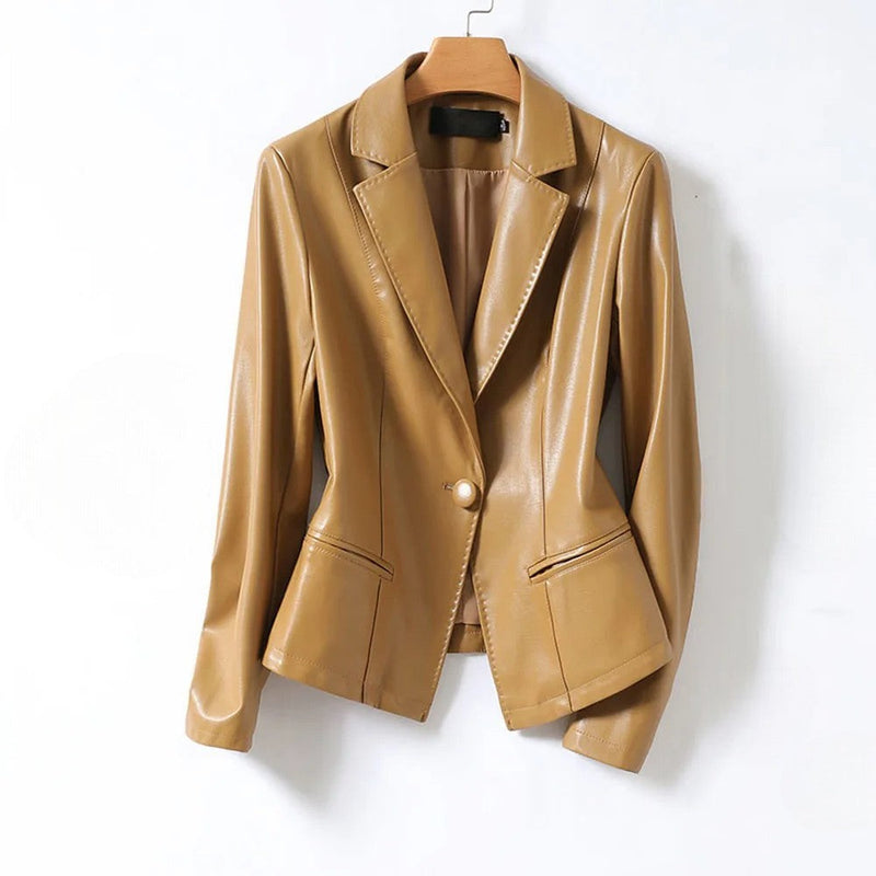 Women's Faux Leather Blazer, One Button Notch Lapel Fitted Office Jacket