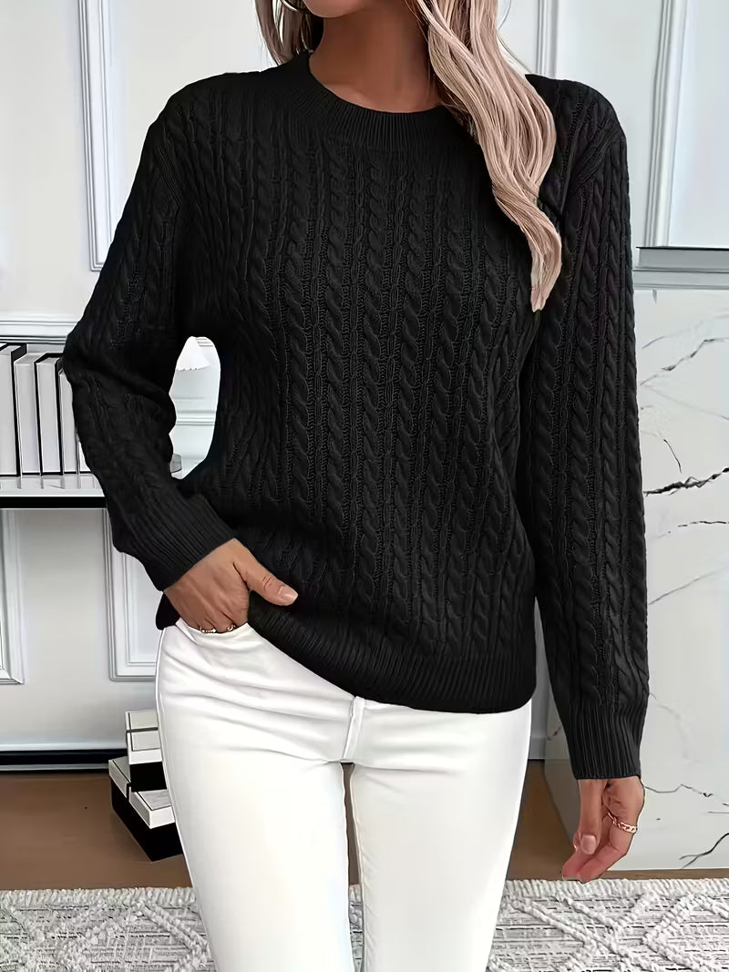 Women's Cable Knit Crewneck Sweater, Classic Fit Long Sleeve Winter Pullover
