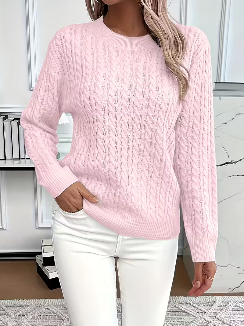 Women's Cable Knit Crewneck Sweater, Classic Fit Long Sleeve Winter Pullover
